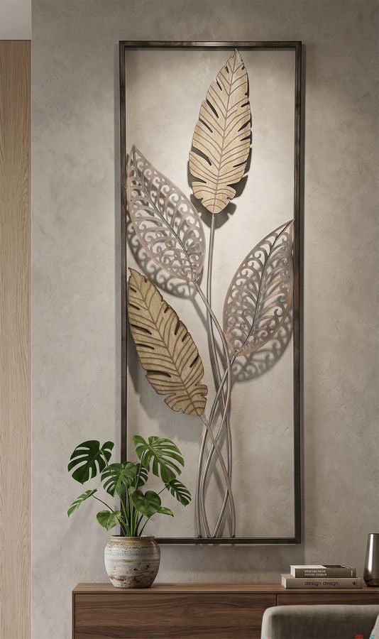 Mauro Ferretti Foglie A 3D-väggpanel med blad 30,5 × 91 cm - guld/silver