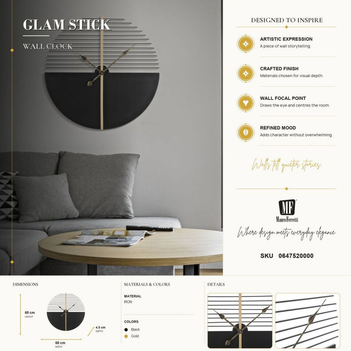 Mauro Ferretti Glam Stick väggklocka Ø60 cm - svart/guld