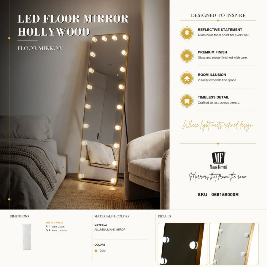 Mauro Ferretti Hollywood LED-golvspegel 50 × 160 cm - guld