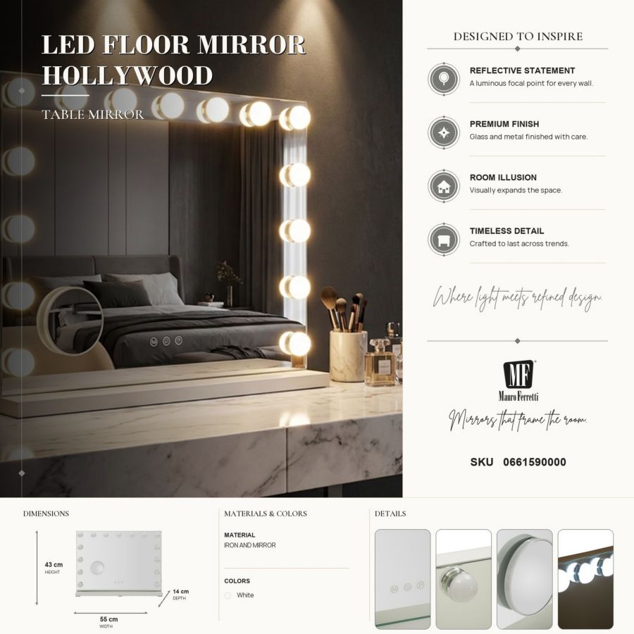 Mauro Ferretti Hollywood LED-sminkspegel 55 × 43 cm - vit