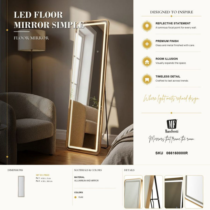 Mauro Ferretti Simple LED-golvspegel 50 × 160 cm - guld