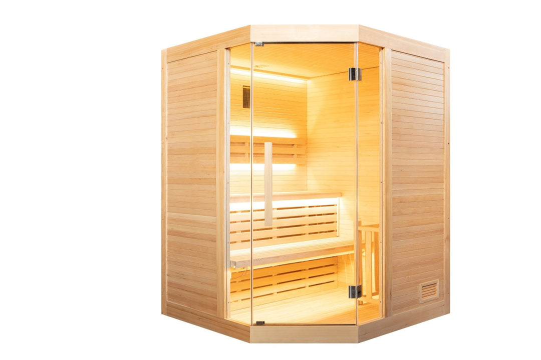 Sauna Sense hörnbastu 3 personer – komplett paket 4,5 kW