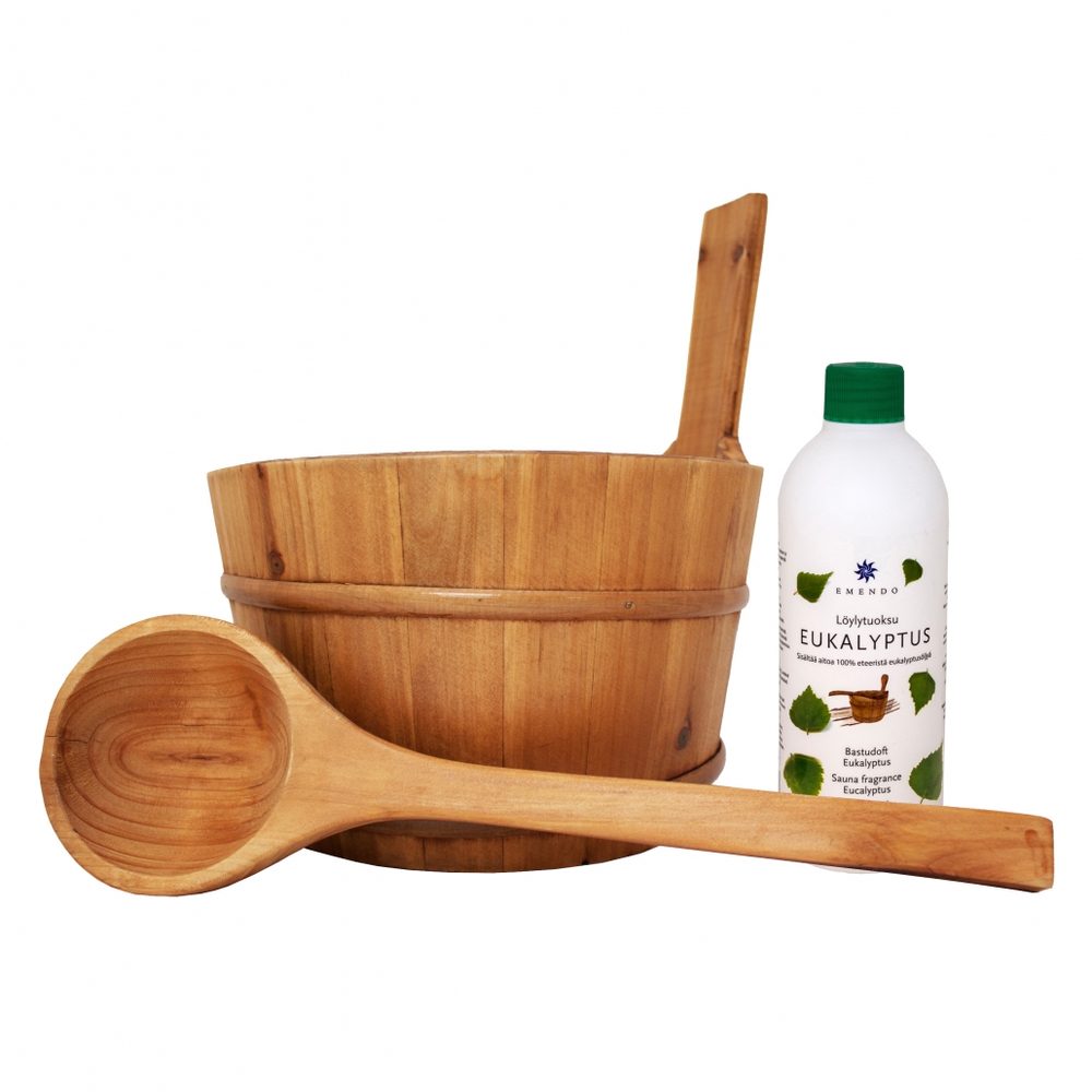 Emendo Sauna Bucket with Ladle in Light Wood Including Eucalyptus Sauna Fragrance 500 ml