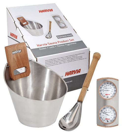 Harvia Saunatilbehør Sæt – Spand, Øse, Hygrometer &amp; Termometer (Inox)