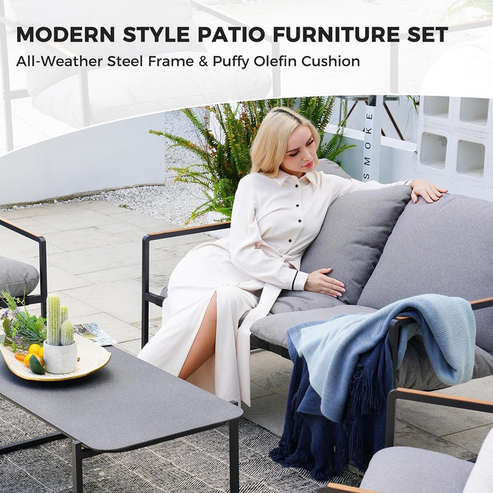 4 Piece Patio Outdoor Furniture Set With Modern Metal Sofa And Coffee Table-1