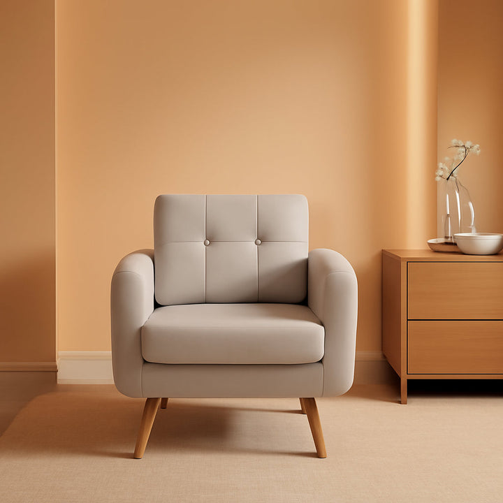 Beige Mid Century Accent Chair With Tufted Upholstery-0