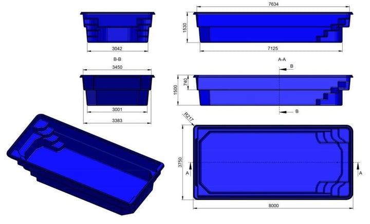 Glasfiberpool Malgomaj 8,00m x 3,75m x 1,50m