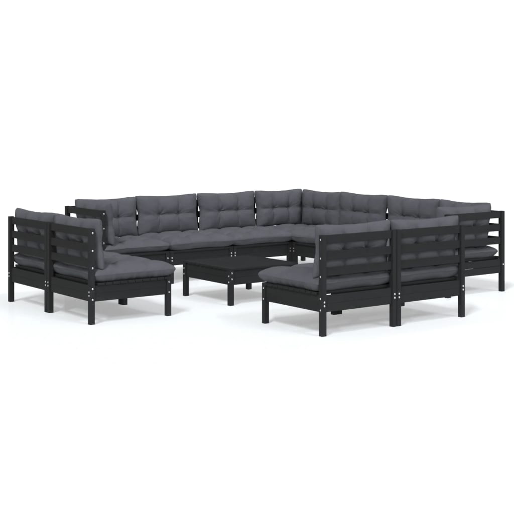 NNEVL 12 Piece Garden Lounge Set with Cushions Black Solid Pinewood-1