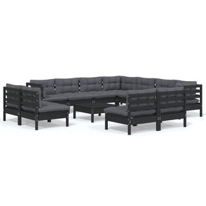 NNEVL 12 Piece Garden Lounge Set with Cushions Black Solid Pinewood-1