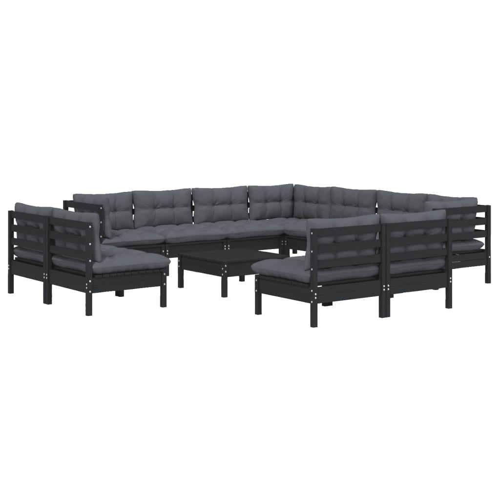NNEVL 12 Piece Garden Lounge Set with Cushions Black Solid Pinewood-2