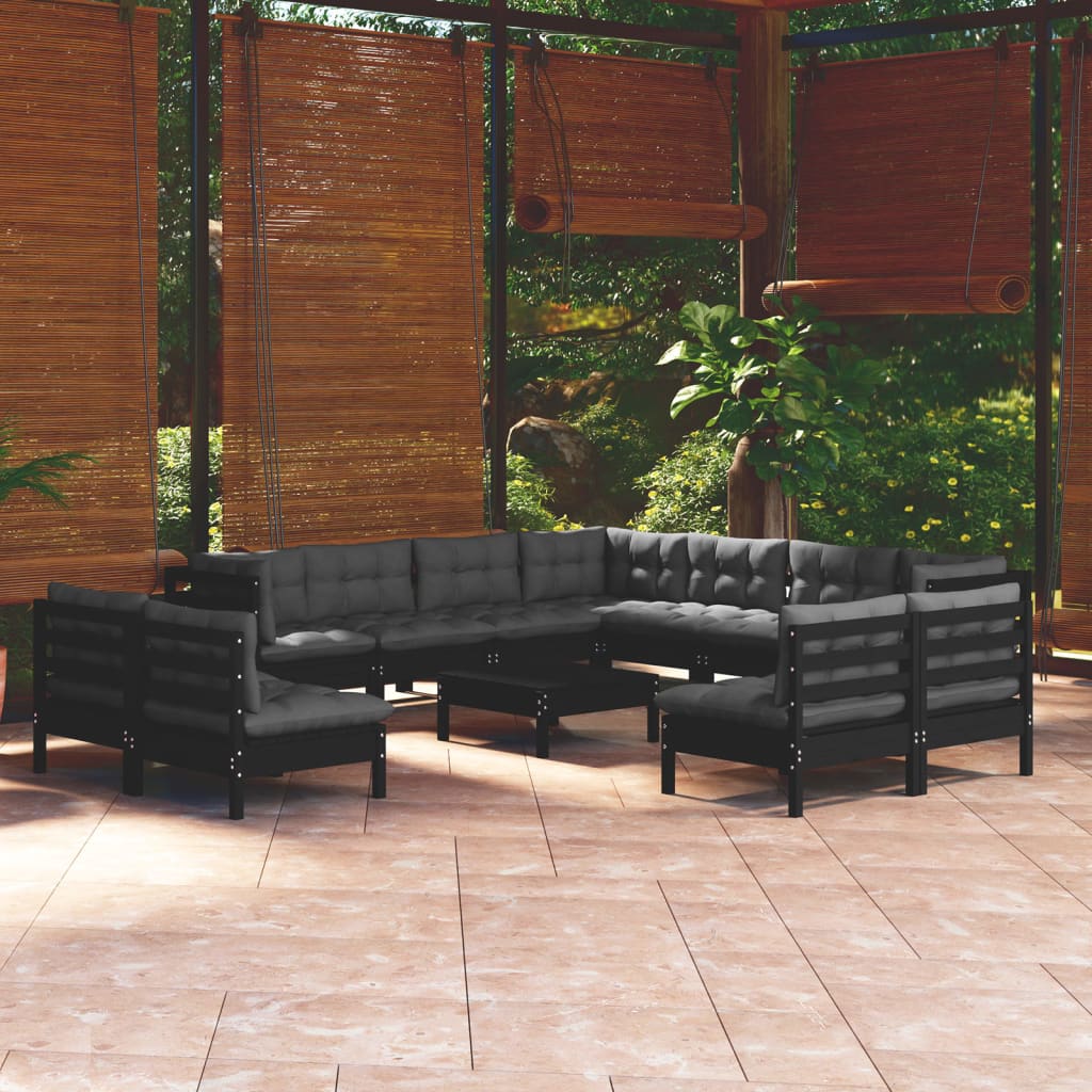 NNEVL 12 Piece Garden Lounge Set with Cushions Black Solid Pinewood-0