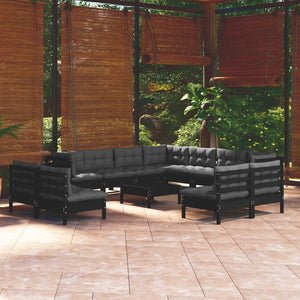 NNEVL 12 Piece Garden Lounge Set with Cushions Black Solid Pinewood-0