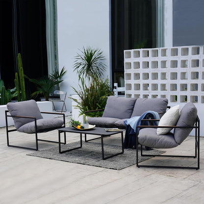4-Piece Outdoor Furniture Set, Patio Outdoor Sofa with Cushion, Modern Metal Couch with Coffee Table, Outdoor Conversation Set for Porch Deck Balcony Backyard Living Room