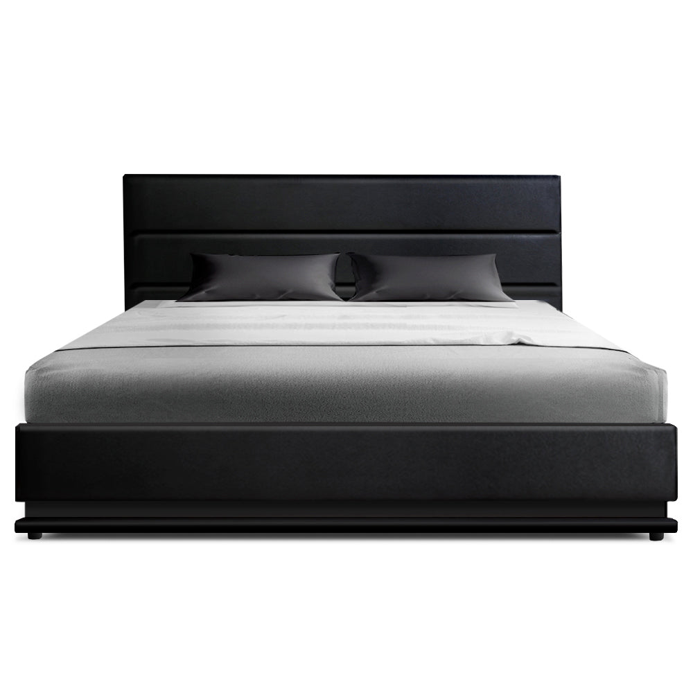 NNEDSZ Artiss Bed Frame Queen Size LED Gas Lift Black LUMI-2