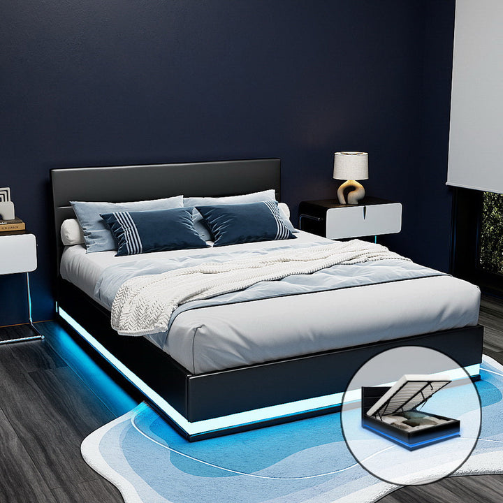 NNEDSZ Artiss Bed Frame Queen Size LED Gas Lift Black LUMI-0