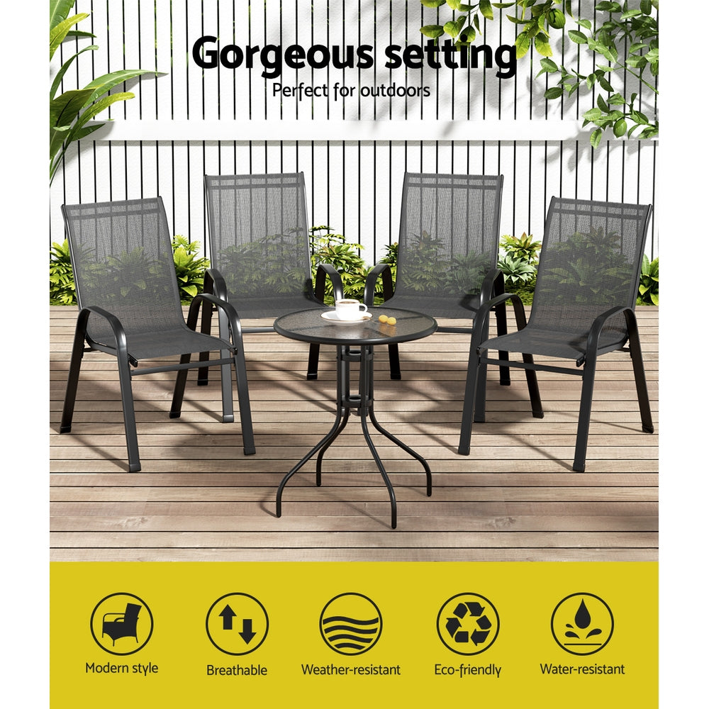 NNEDSZ Gardeon 5-delars bistroset – Bord + 4 stapelbara stolar (svart)