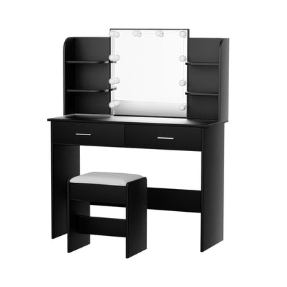 Sminkbord med LED-spegel och pall – svart