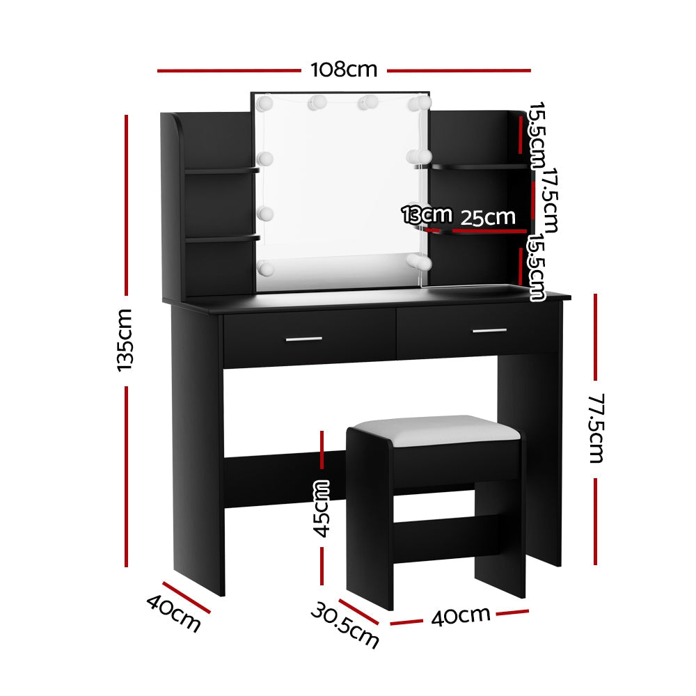 Dressing table with LED mirror and stool – black