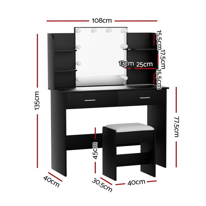 Dressing table with LED mirror and stool – black
