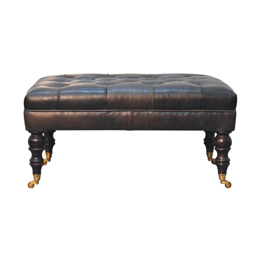 Buffalo Ash Black Leather Ottoman with Castor Legs-1