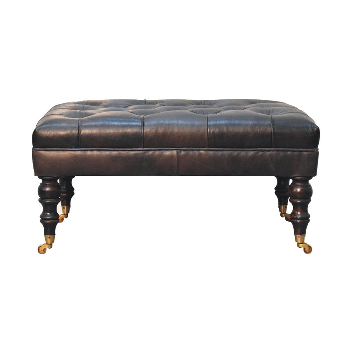 Buffalo Ash Black Leather Ottoman with Castor Legs-1