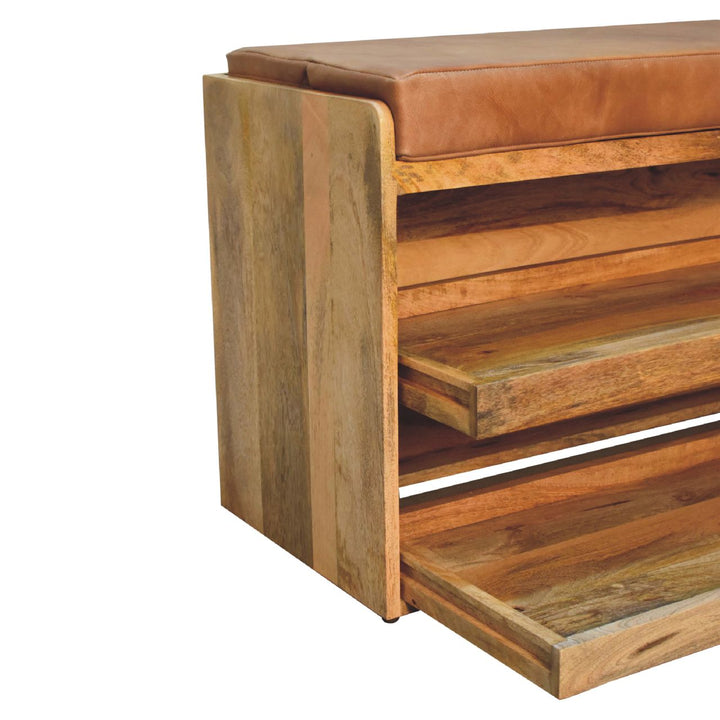 Buffalo Hide Oak-ish Shoe Storage Bench-6