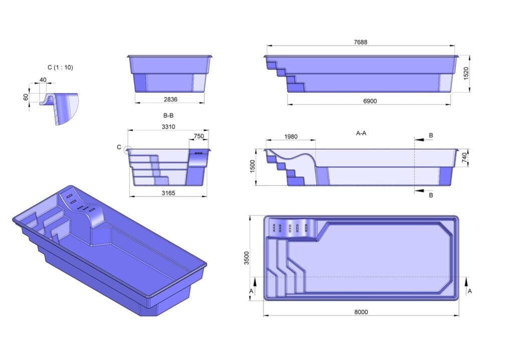 Glasfiberpool Saggat 8,00m x 3,50m x 1,50m
