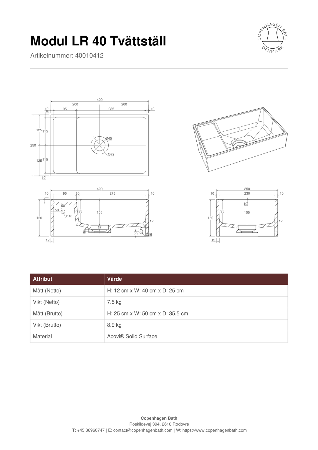 Copenhagen Bath Modul LR 40 (40010412) – tillverkarens tekniska måttritning, produktmått och anslutningar