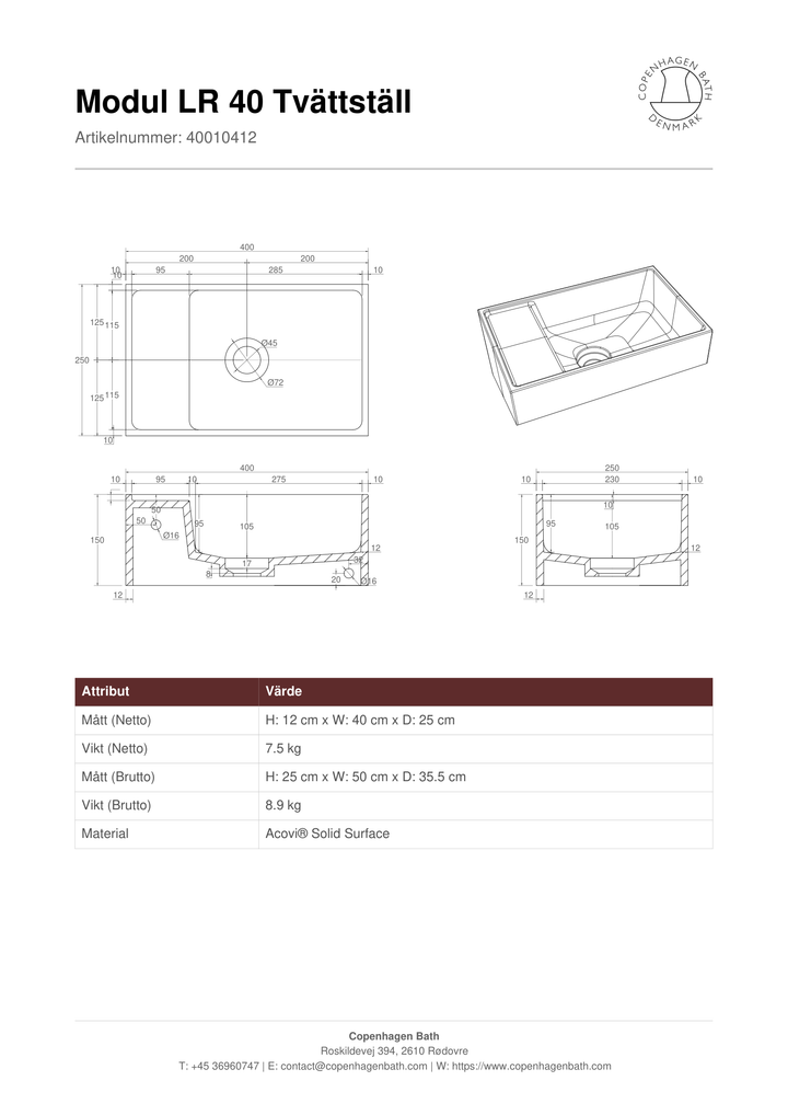 Copenhagen Bath Modul LR 40 (40010412) – tillverkarens tekniska måttritning, produktmått och anslutningar