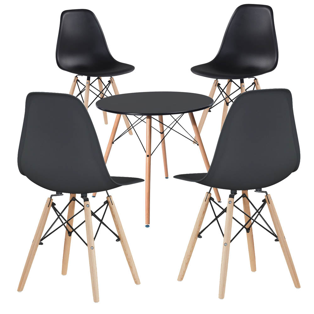 Matgrupp: 4 moderna stolar + bord – svart (bord Ø60,5 cm)