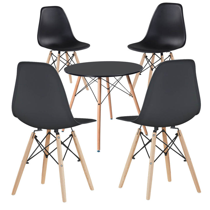 Matgrupp: 4 moderna stolar + bord – svart (bord Ø60,5 cm)
