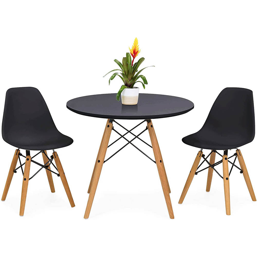 Matgrupp: 4 moderna stolar + bord – svart (bord Ø60,5 cm)