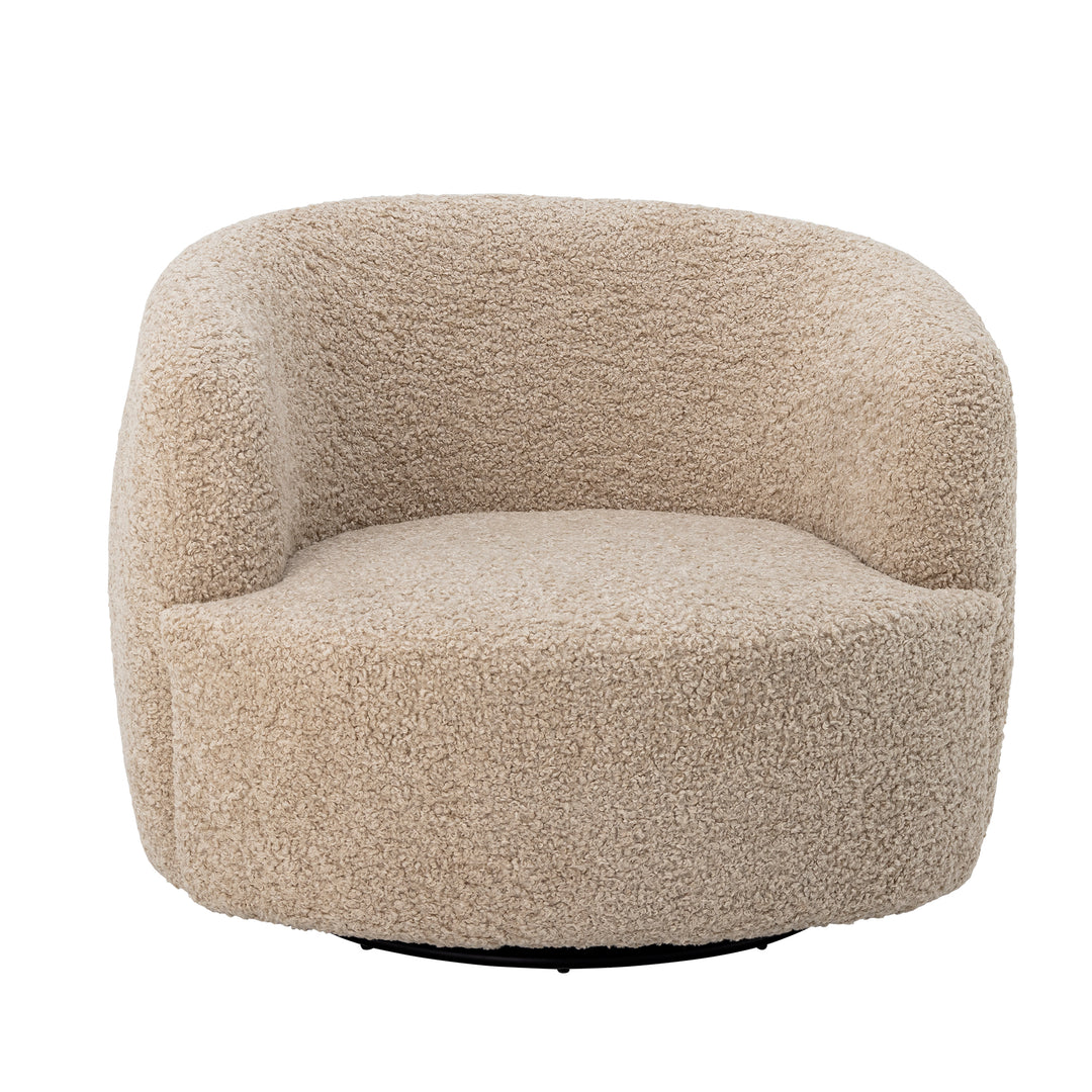 Bloomingville Bocca beige snurrfåtölj med rundad rygg och strukturerad polyester, framifrån