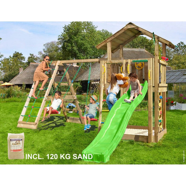 Jungle Gym Lektorn Chalet 2.1 Inkl. Klättermodul &amp; Rutschkana + 120kg sand / Grön SKU NSH-804-432CXSG EAN 5705858721897
