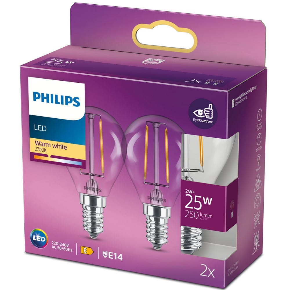 Philips LED-lampa E14 25W 2-pack E14 / Klot SKU ORD-929001238698 EAN 8719514300323