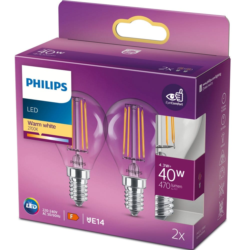 Philips LED-lampa E14 Klot Klar 2-pack 40W / E14 SKU ORD-929001890467 EAN 8718699777630