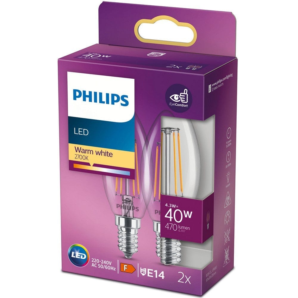 Philips LED-lampa E14 Kron Klar 2-pack / E14 / 40W SKU ORD-929001889767 EAN 8718699777616