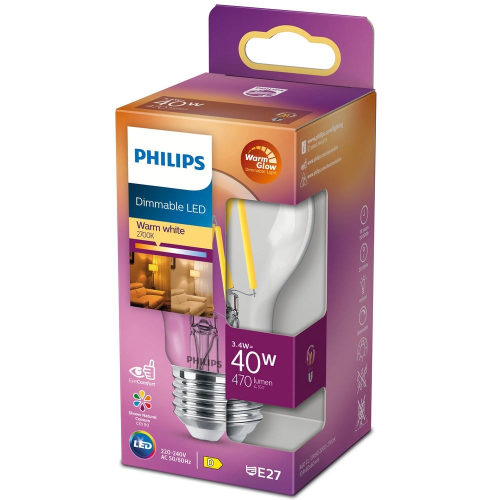 Philips LED-lampa E27 Klot Klar Dimbar E27 / 40W SKU ORD-929003009901 EAN 8719514323759