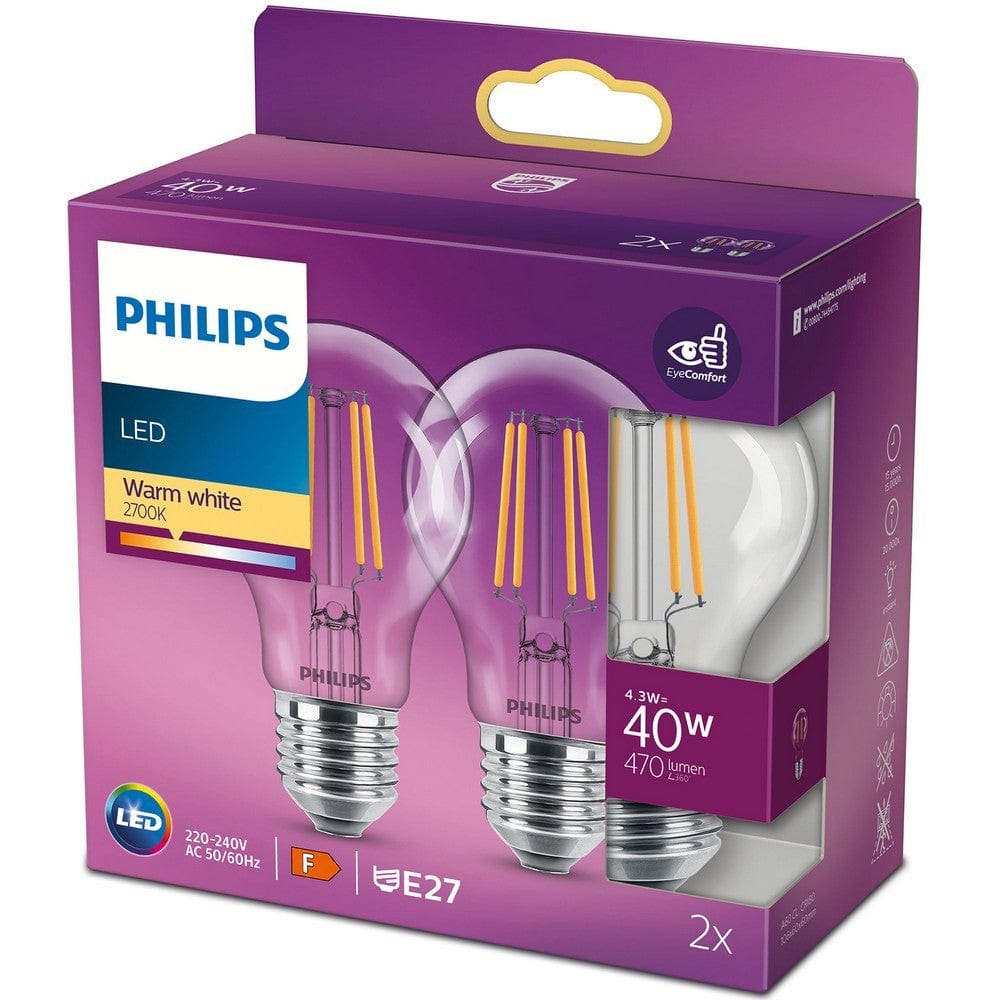 Philips LED-lampa E27 Normal Klar 2-pack E27 / 40W SKU ORD-929001890067 EAN 8718699777593