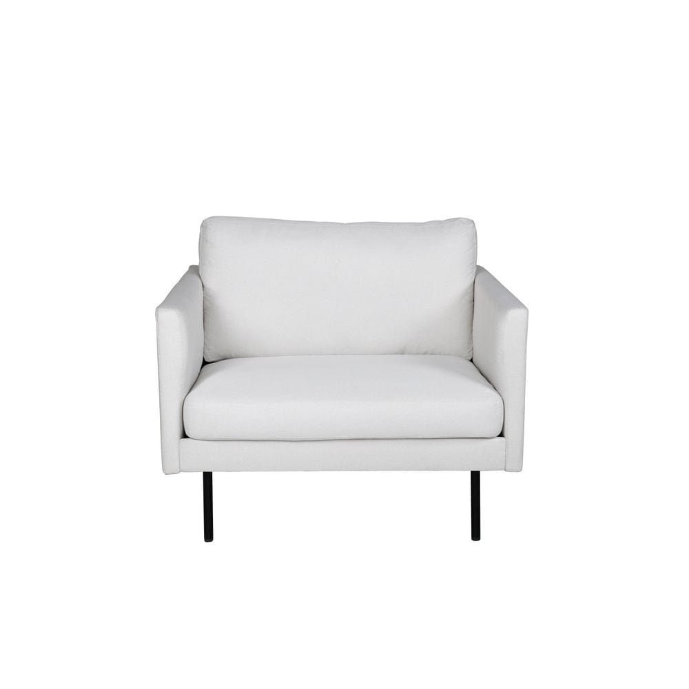 Venture Home Zoom ljusbeige polyesterfåtölj med svarta metallben, framifrån